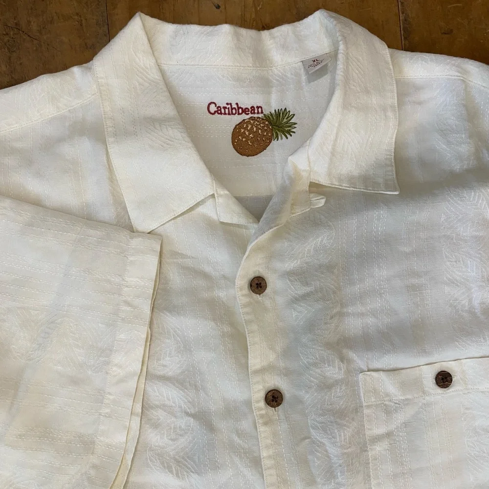 Caribbean Men's Shirt Cream Button Up Short Sleeve Size XL floral Linen/rayon - Picture 1 of 10